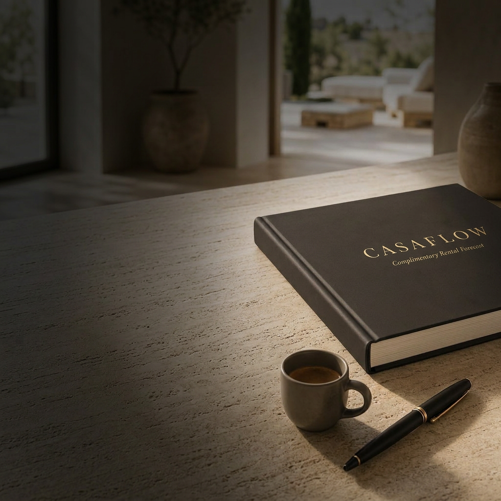 Closed dark hardcover CasaFlow Complimentary Rental Forecast book with gold foil typography resting on a travertine table, darker left area for text readability
