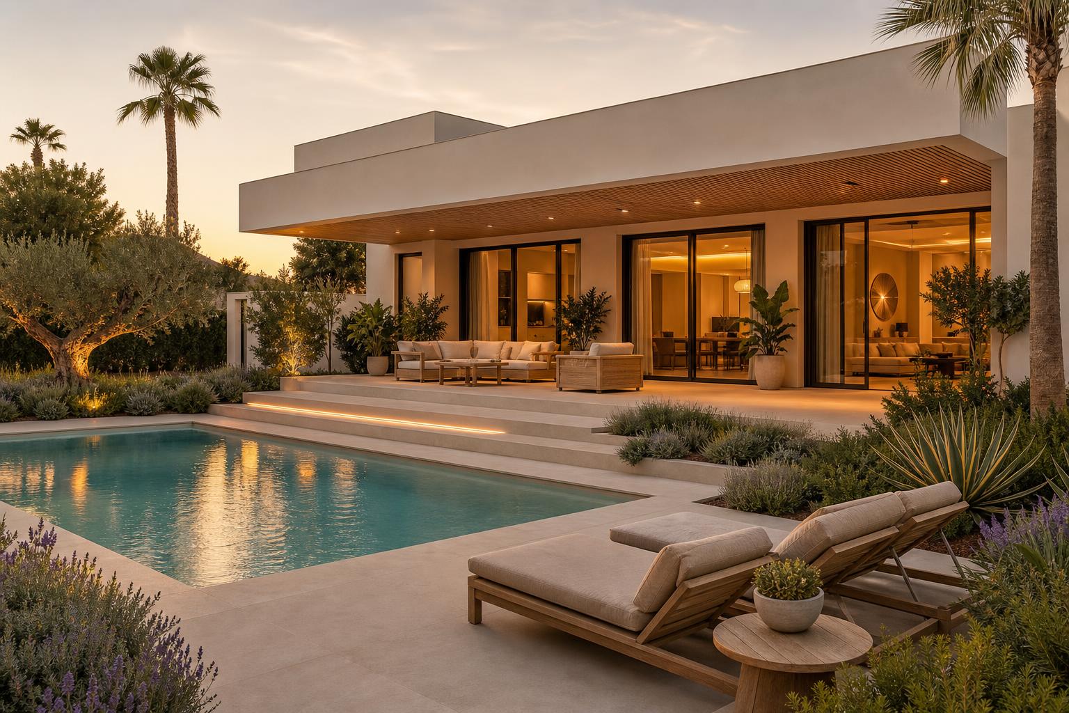 Perfectly maintained luxury residence at Santa Rosalía at golden hour with a crystal clear pool and warm interior lighting