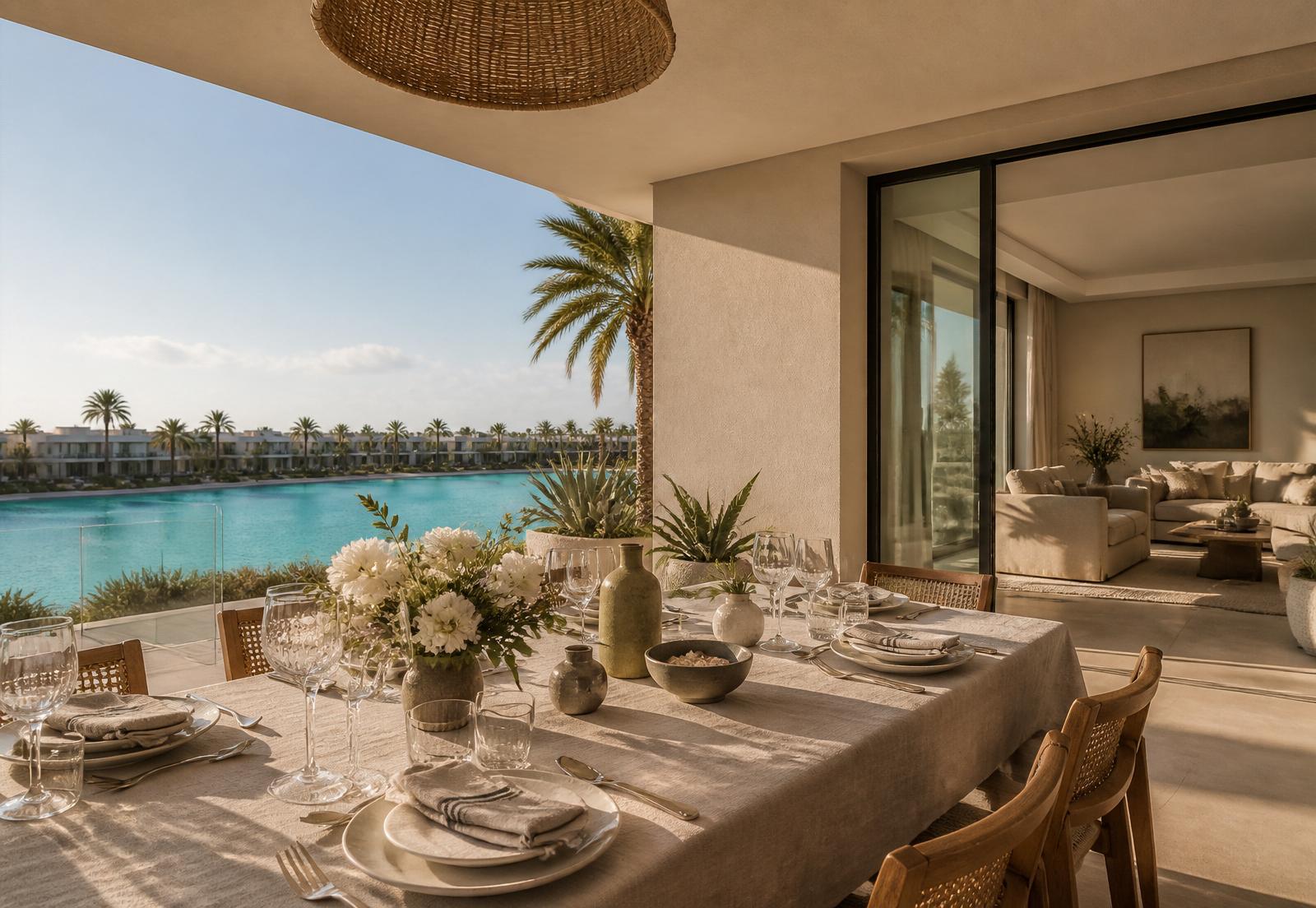 Guest receiving a WhatsApp recommendation beside a Mediterranean pool